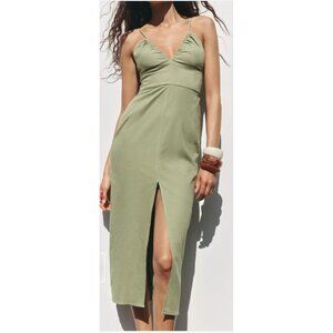 ZARA Sage Green Midi Linen Blend Dress Size M Cutout Back Strappy Slip Sundress